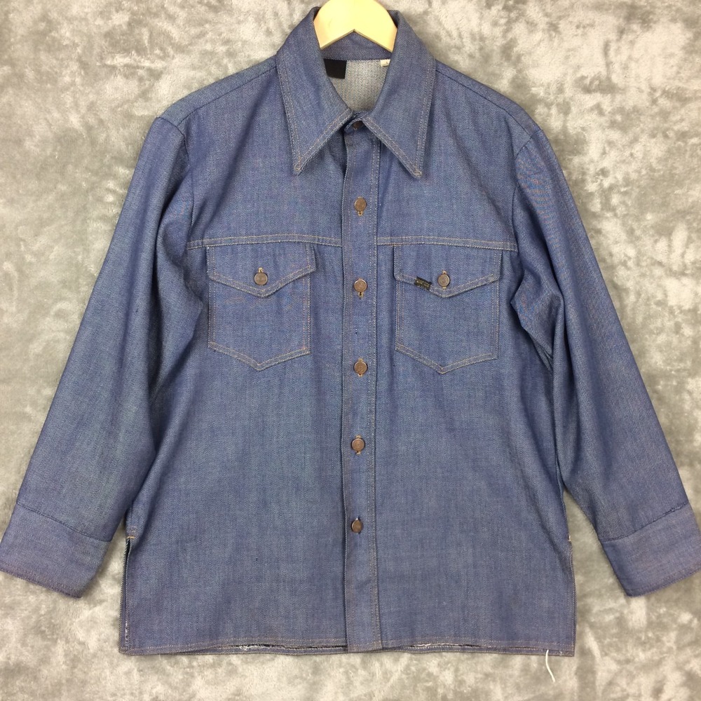 Vintage Sears Roebuck‎ Denim Work Shirt Mens Large Button Close Blue